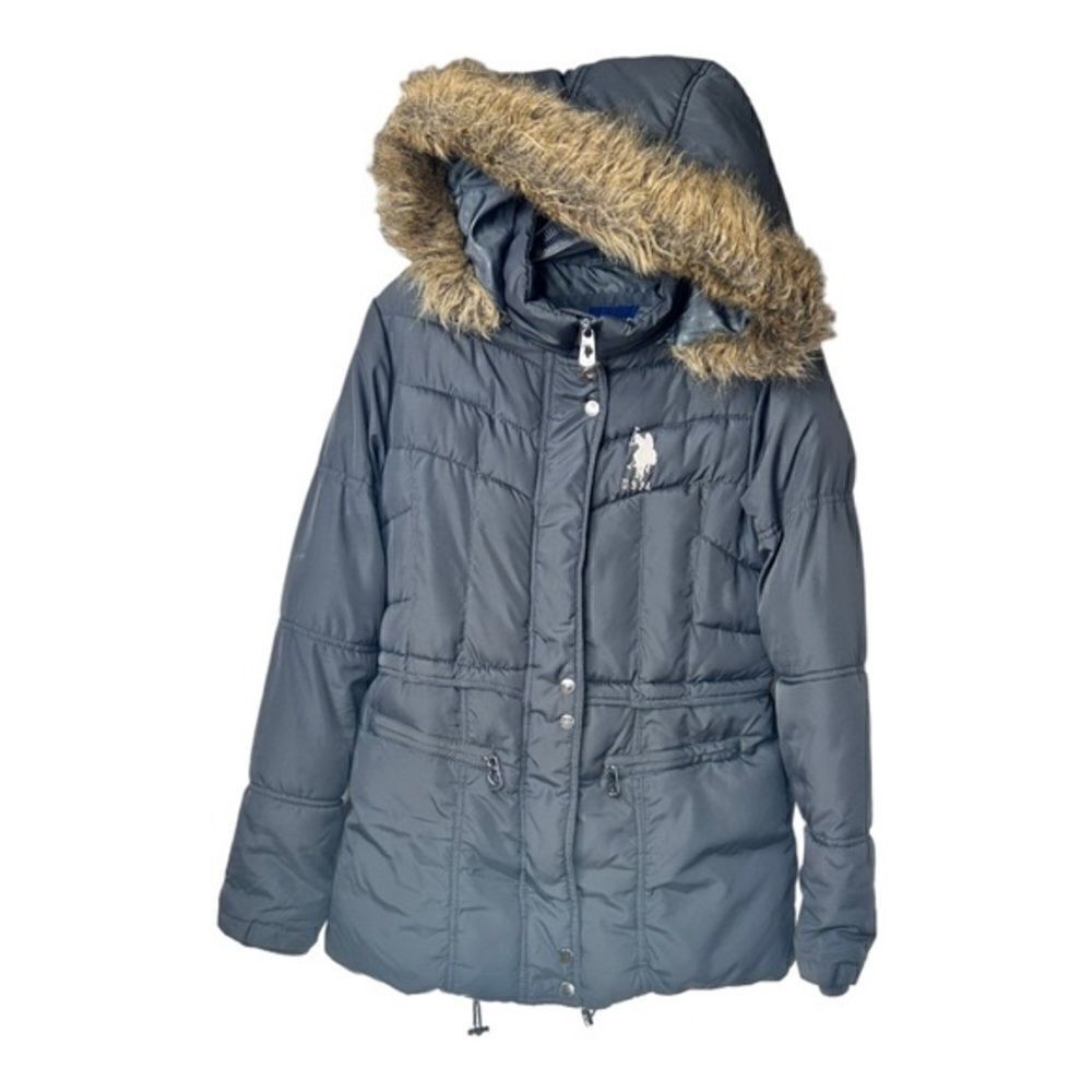US Polo Assn Puffer Jacket Gray Faux Fur Detachable Hood Winter Coat Womens M